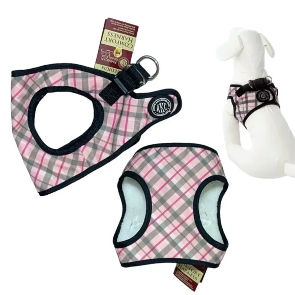 American Kennel Club Dog Harness Vest Designer Tartan Plaid Sherpa Lined Pink M